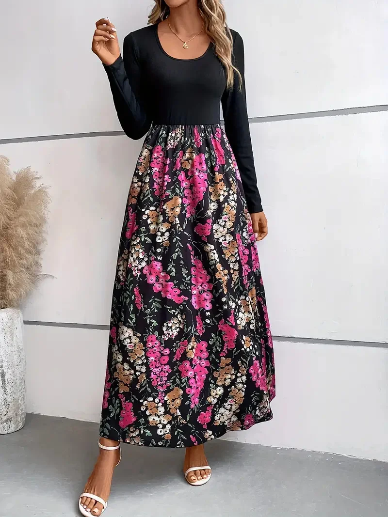 Femmes Floral Noir Col Rond Confortable Robe Maxi Décontracté