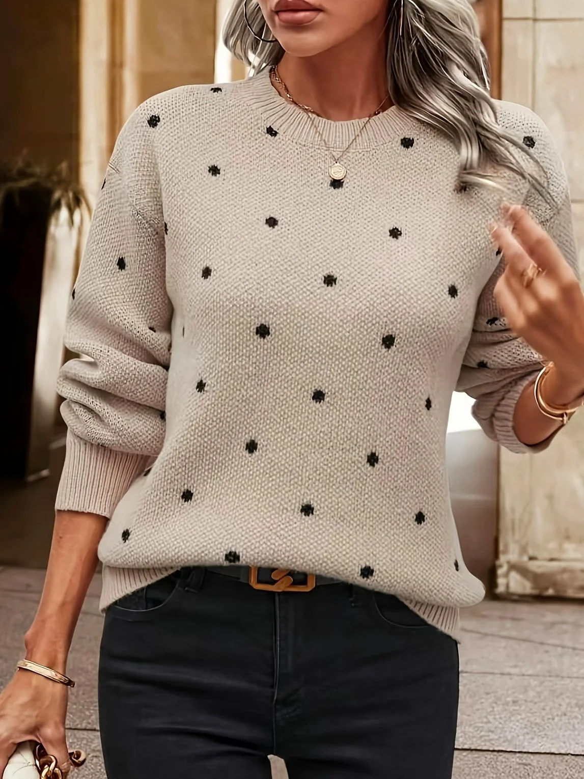 Pulls Pois Polka Décontracté Hiver Poids lourd Ample Manches Longues Laine/Tricot Régulier Droit pour Femmes