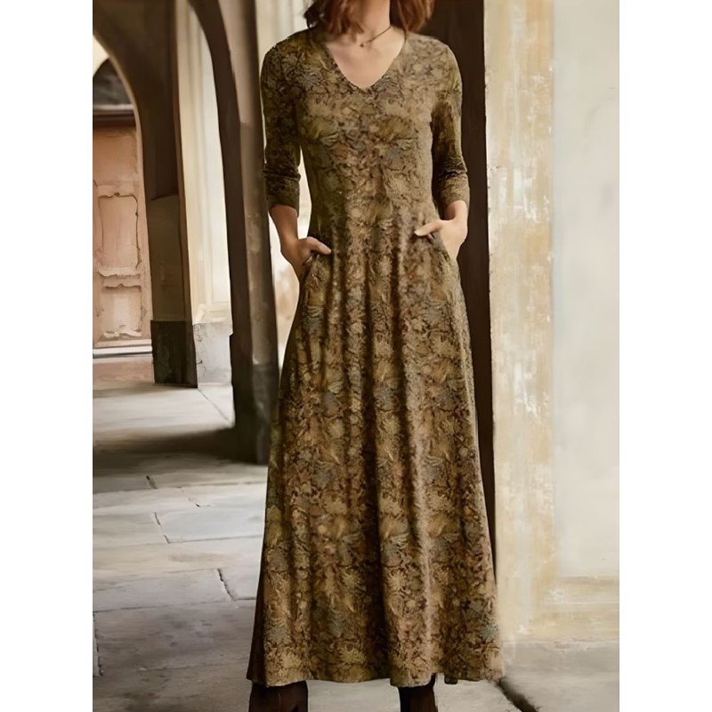 Femmes Floral Brun Col V Confortable Robe Maxi Décontracté