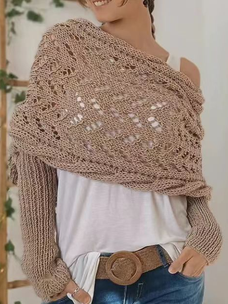 Pulls Boho Plain Printemps / Automne Acrylique Micro-élasticité Coupe Régulière Manches Longues O-Ligne À Épaules Dénudées pour Femmes