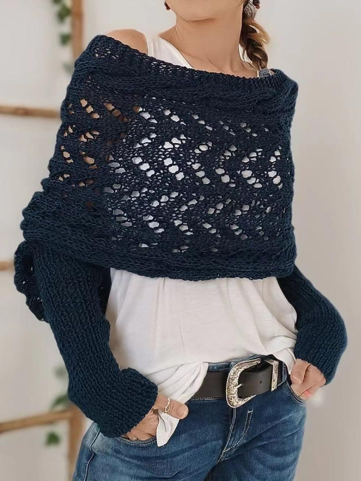 Pulls Boho Plain Printemps / Automne Acrylique Micro-élasticité Coupe Régulière Manches Longues O-Ligne À Épaules Dénudées pour Femmes