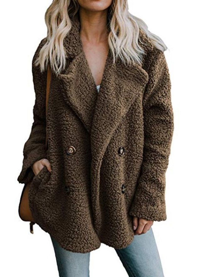 à Col Revers Manches Longues Poids lourd Plain Veste en flanelle Caniche Blouson pour Femmes