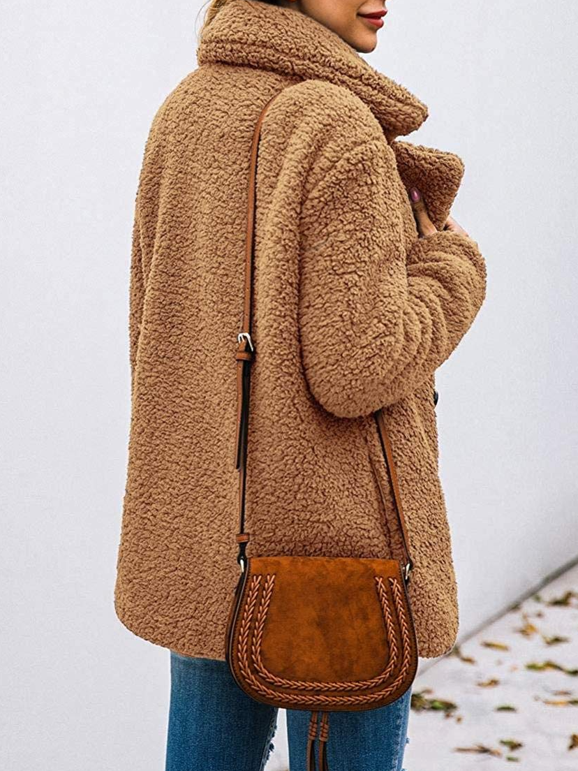 à Col Revers Manches Longues Poids lourd Plain Veste en flanelle Caniche Blouson pour Femmes