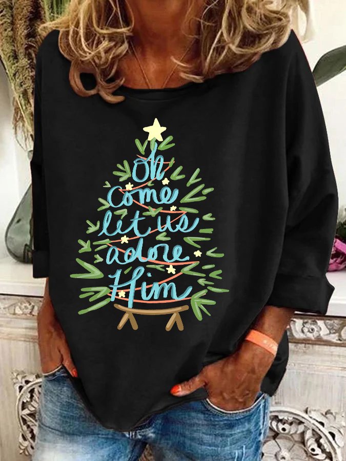Sweat-shirts Femmes Décontracté Printemps / Automne Sapin de Noël Aucune élasticité Manches Longues Col Rond en Mélangé de Coton Régulier Régulier