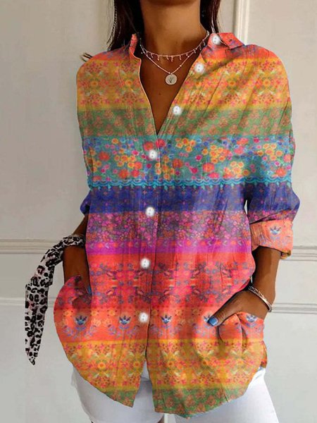 Chemises Décontracté Floral Printemps / Automne Polyester Aucune élasticité Ample Manches Longues Régulier Col de Chemise pour Femmes
