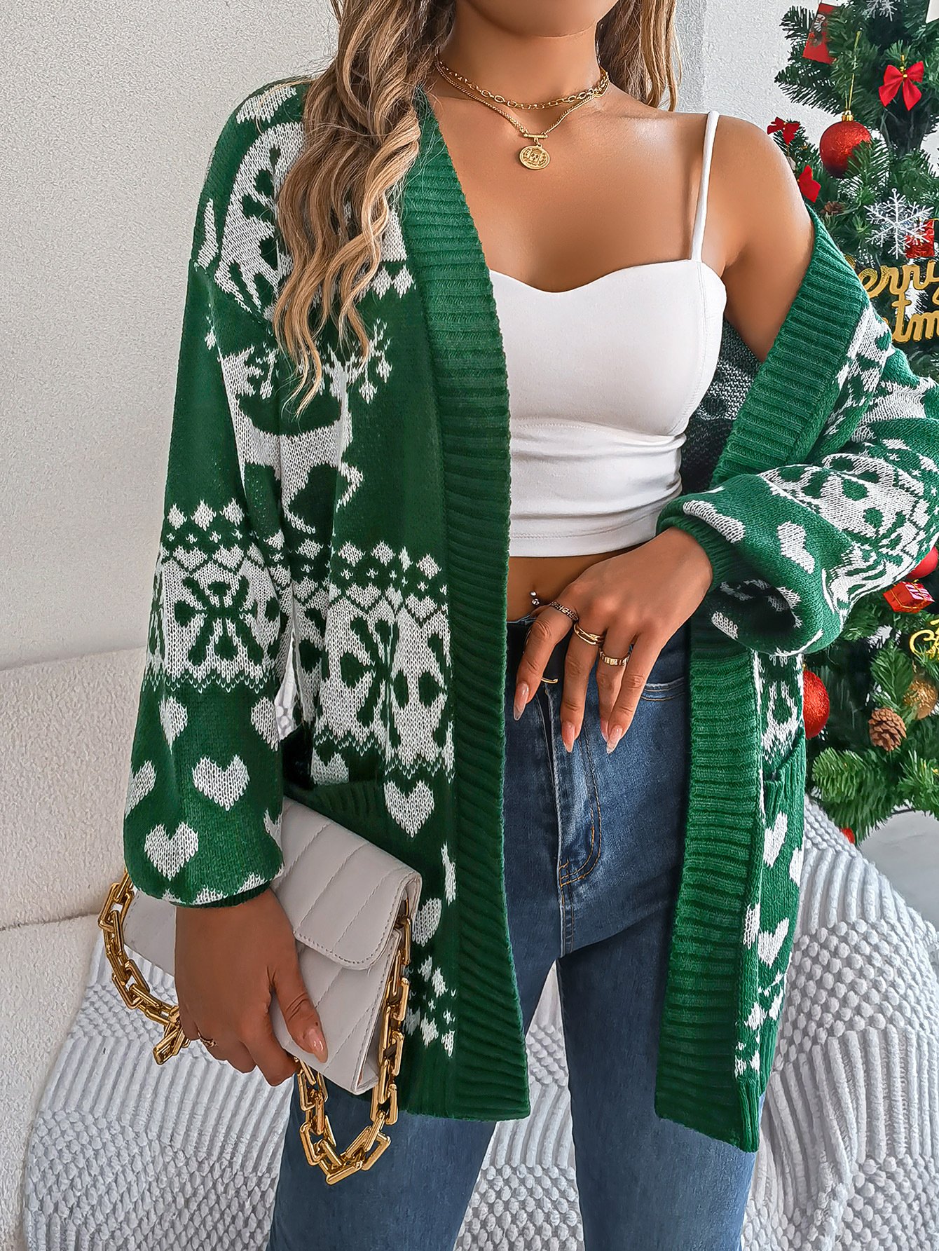 Cardigans Femmes Décontracté Hiver Noël Ample Manches Longues Mi-long Épaissi Droit Élasticité moyenne