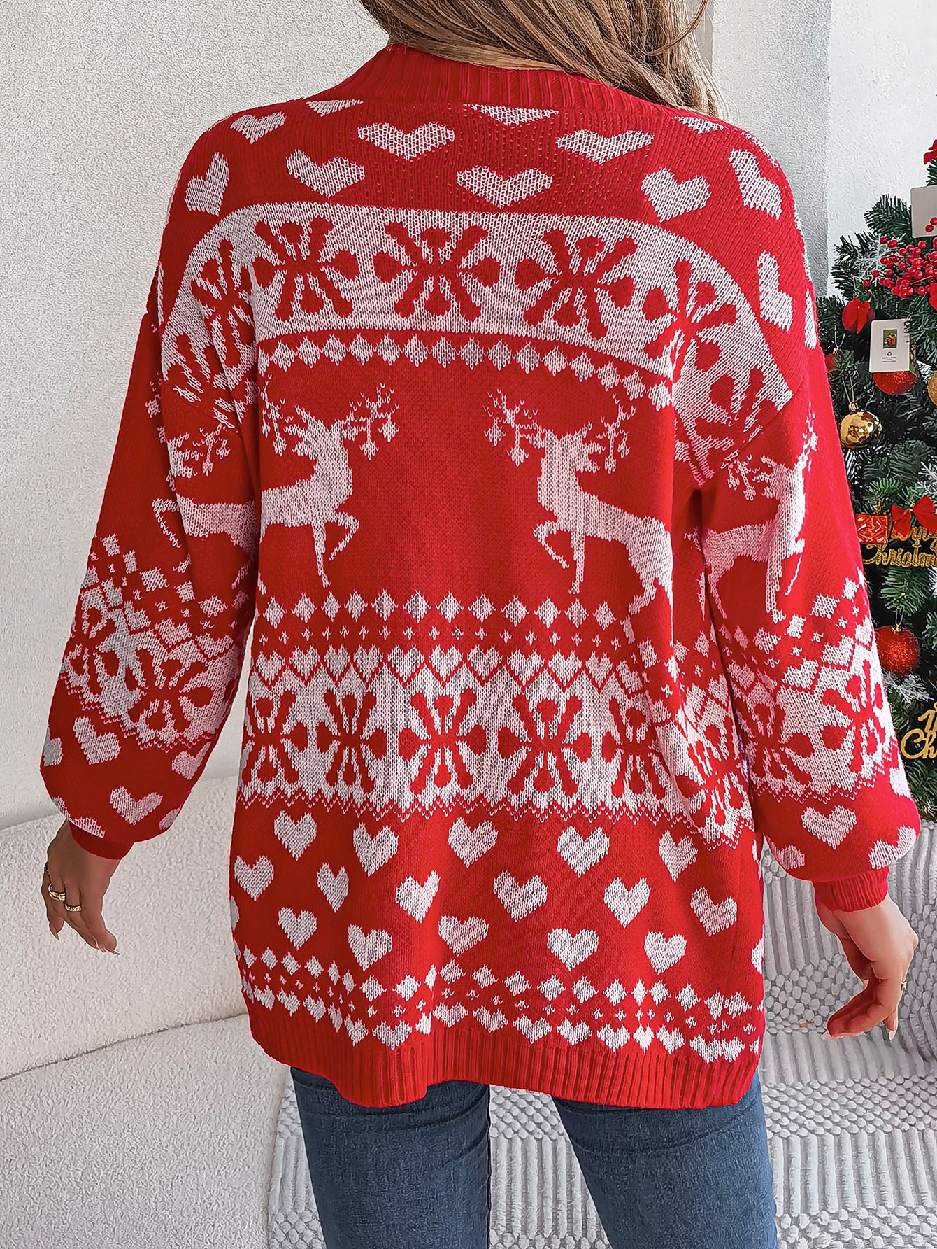 Cardigans Femmes Décontracté Hiver Noël Ample Manches Longues Mi-long Épaissi Droit Élasticité moyenne