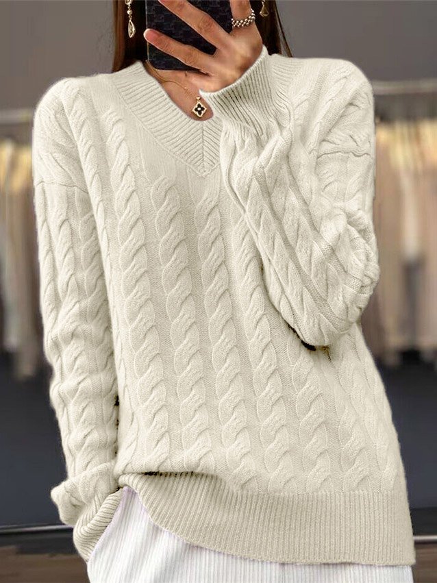 Pulls Décontracté Plain Printemps / Automne Col V Naturel Laine/Tricot Mi-long Élasticité moyenne Non pour Femmes