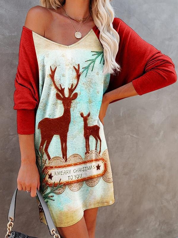 Femmes Noël Rouge Col V Confortable Mini Robe Décontracté