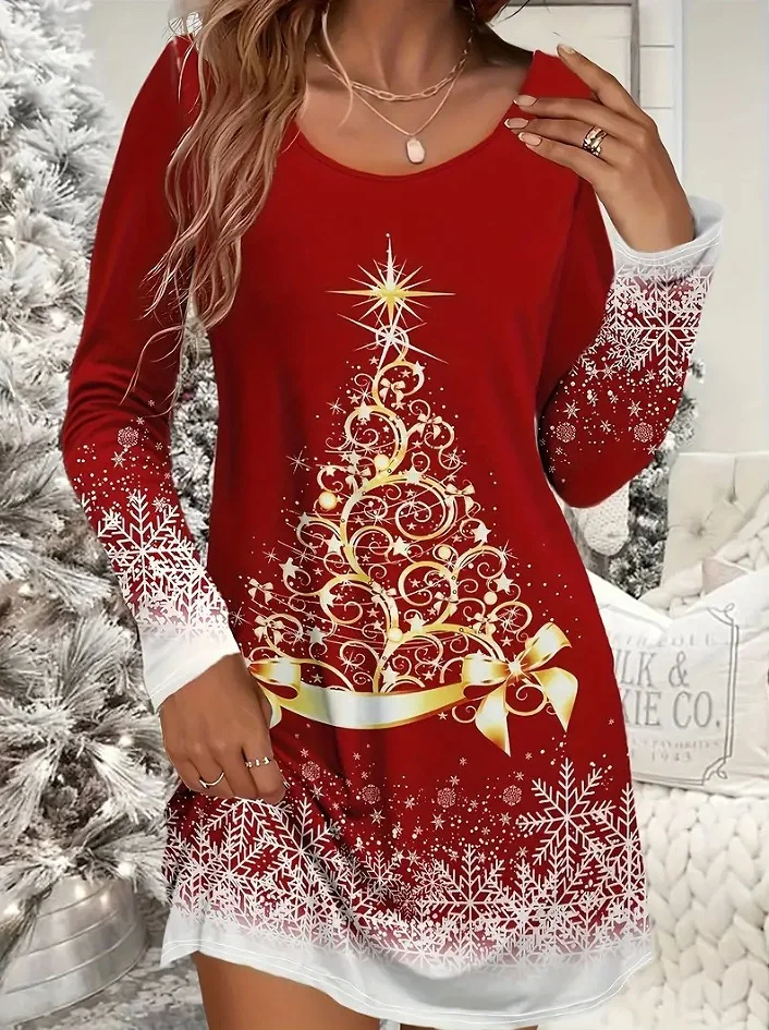 Femmes Noël Rouge Col Rond Confortable Mini Robe Décontracté