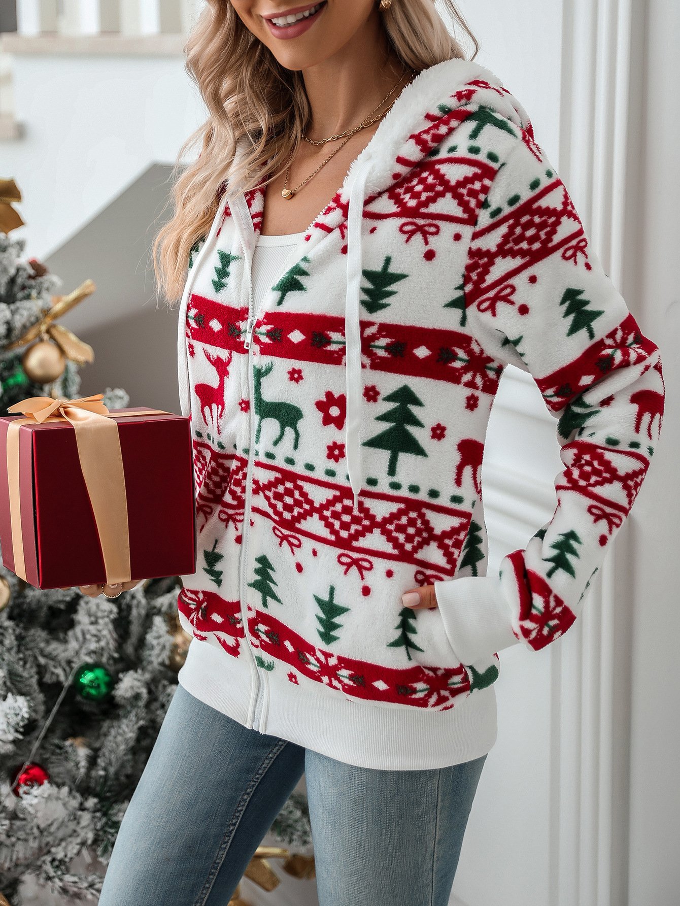 Manches Longues Régulier Noël Motif de Wapiti Blouson pour Femmes