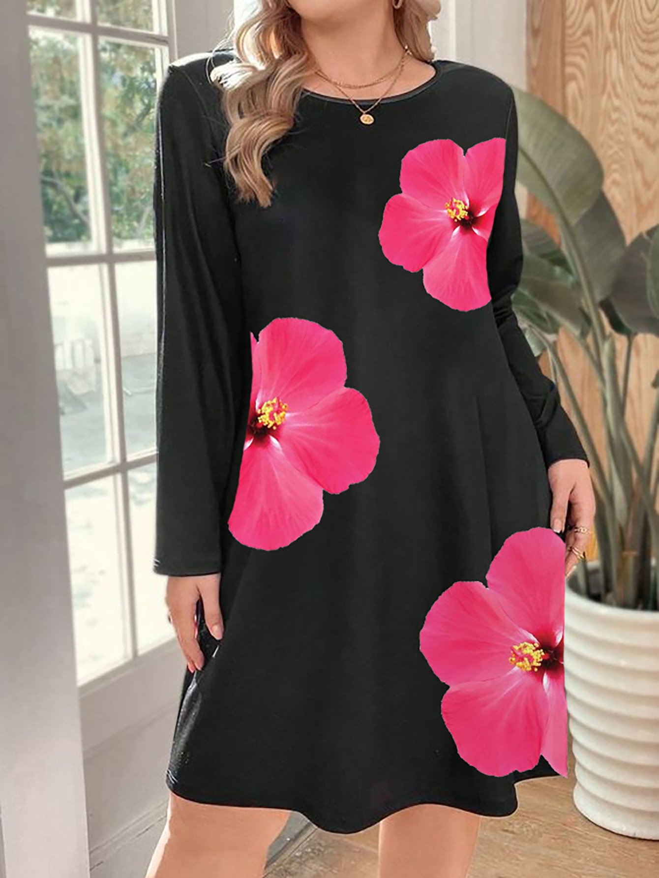 Femmes Floral Noir Col Rond Confortable Robe Mi-Longue Décontracté