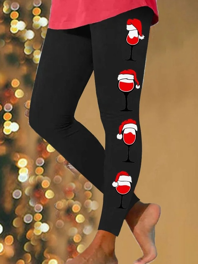 Pantalons De Yoga Décontracté Hiver Verre à Vin de Noël à Haute Élasticité Faire la navette Serré Pantalon coupe slim Collant en Toison pour Femmes
