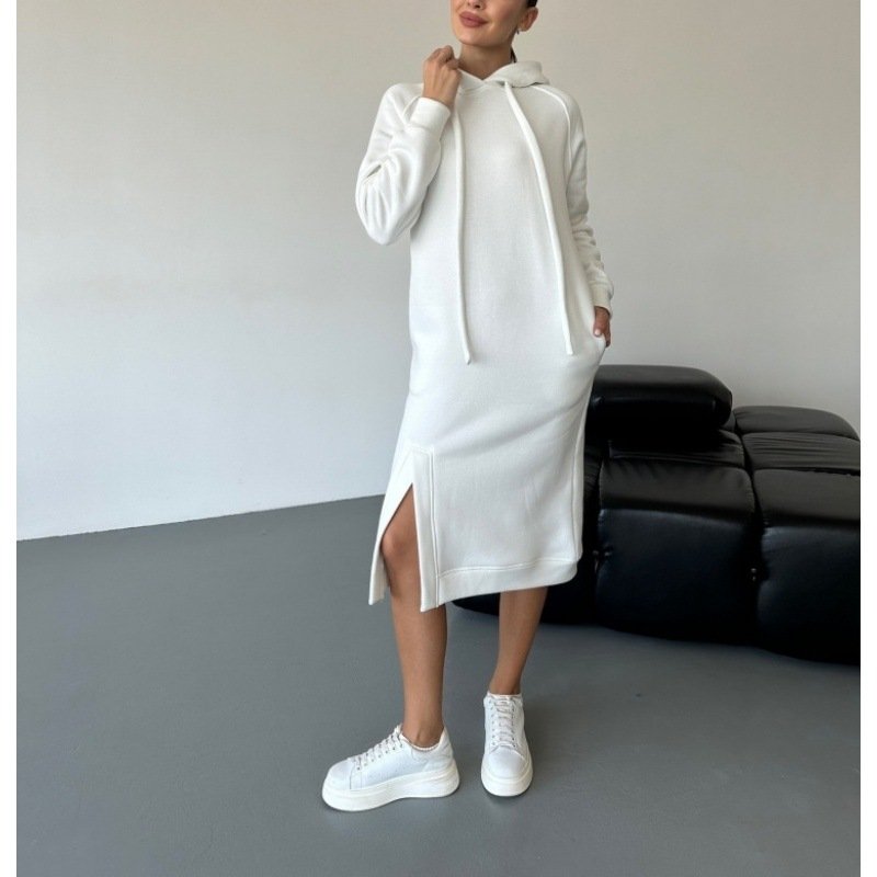 Femmes Plain Blanc Sweat-shirt à Capuche Confortable Robe Mi-Longue Décontracté