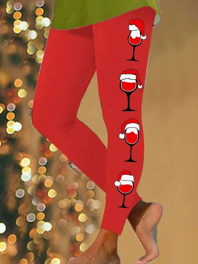 Pantalons De Yoga Décontracté Hiver Verre à Vin de Noël à Haute Élasticité Faire la navette Serré Pantalon coupe slim Collant en Toison pour Femmes