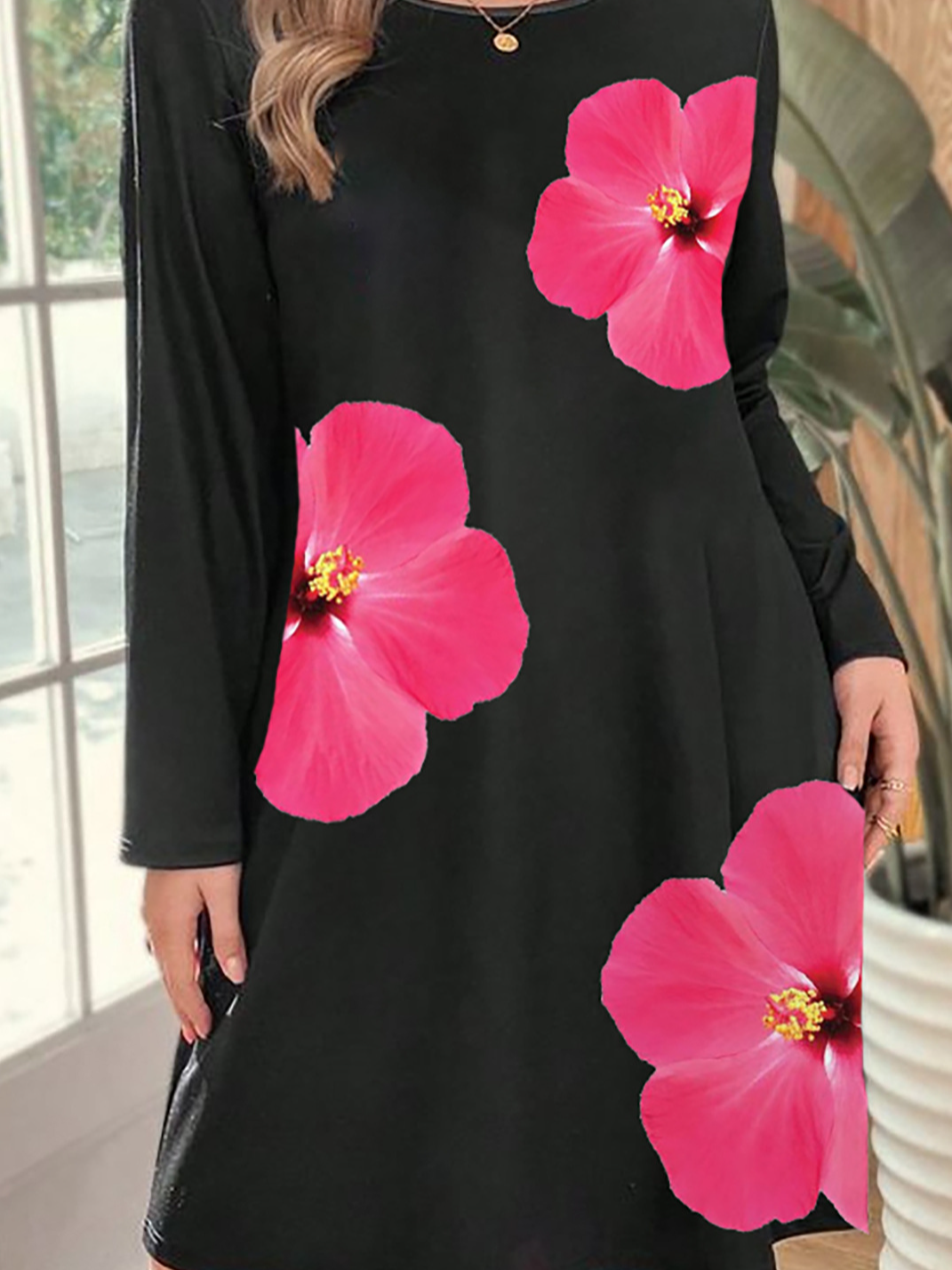 Femmes Floral Noir Col Rond Confortable Robe Mi-Longue Décontracté