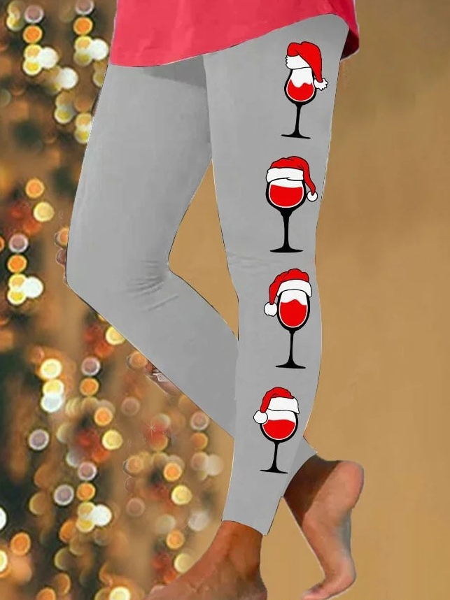 Pantalons De Yoga Décontracté Hiver Verre à Vin de Noël à Haute Élasticité Faire la navette Serré Pantalon coupe slim Collant en Toison pour Femmes