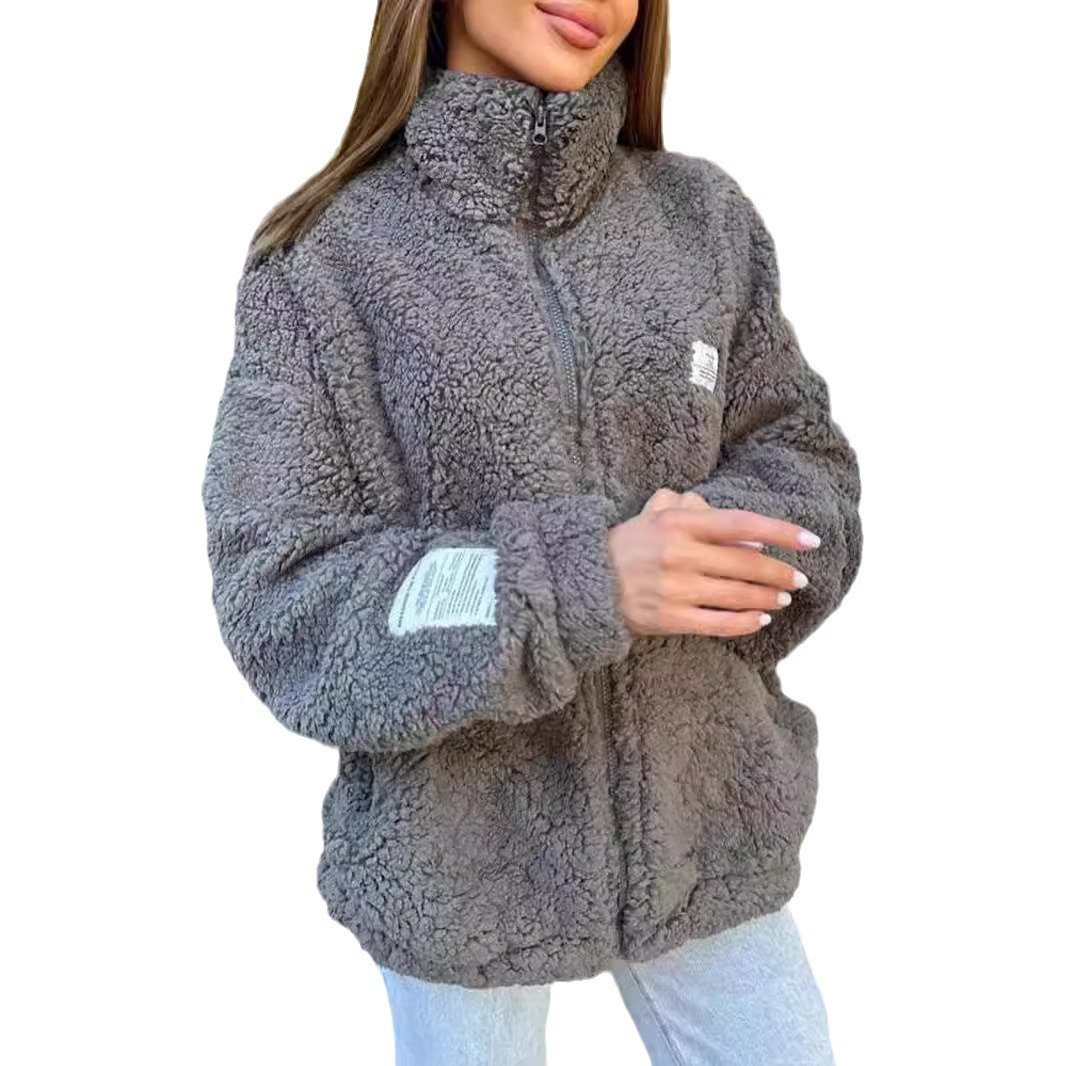 Col de Chemise Manches Longues Régulier Plain Veste Sherpa Caniche Blouson Zip pour Femmes