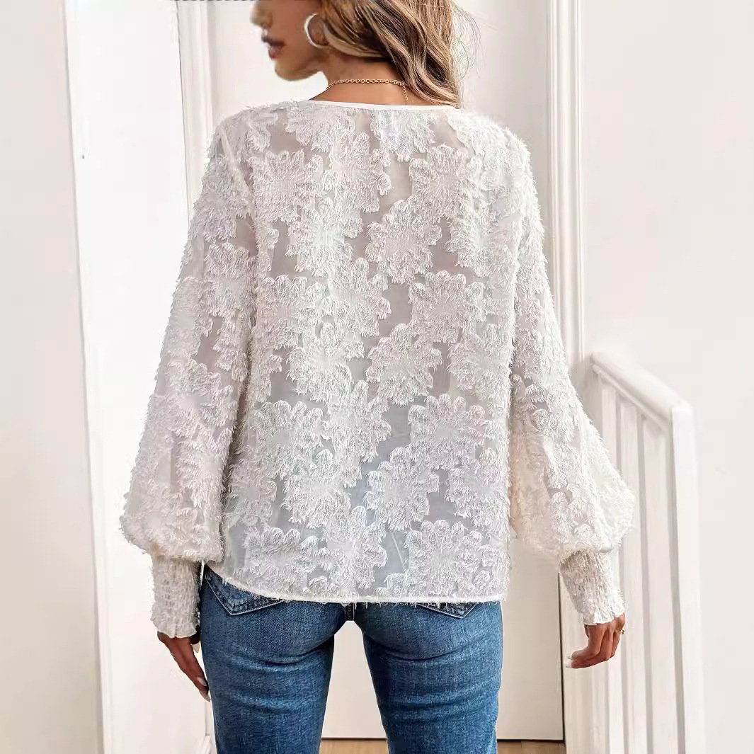 Chemisiers1 Décontracté Plain Printemps / Automne Naturel Aucune élasticité Quotidien Manches Longues Manches Bouffantes Régulier pour Femmes