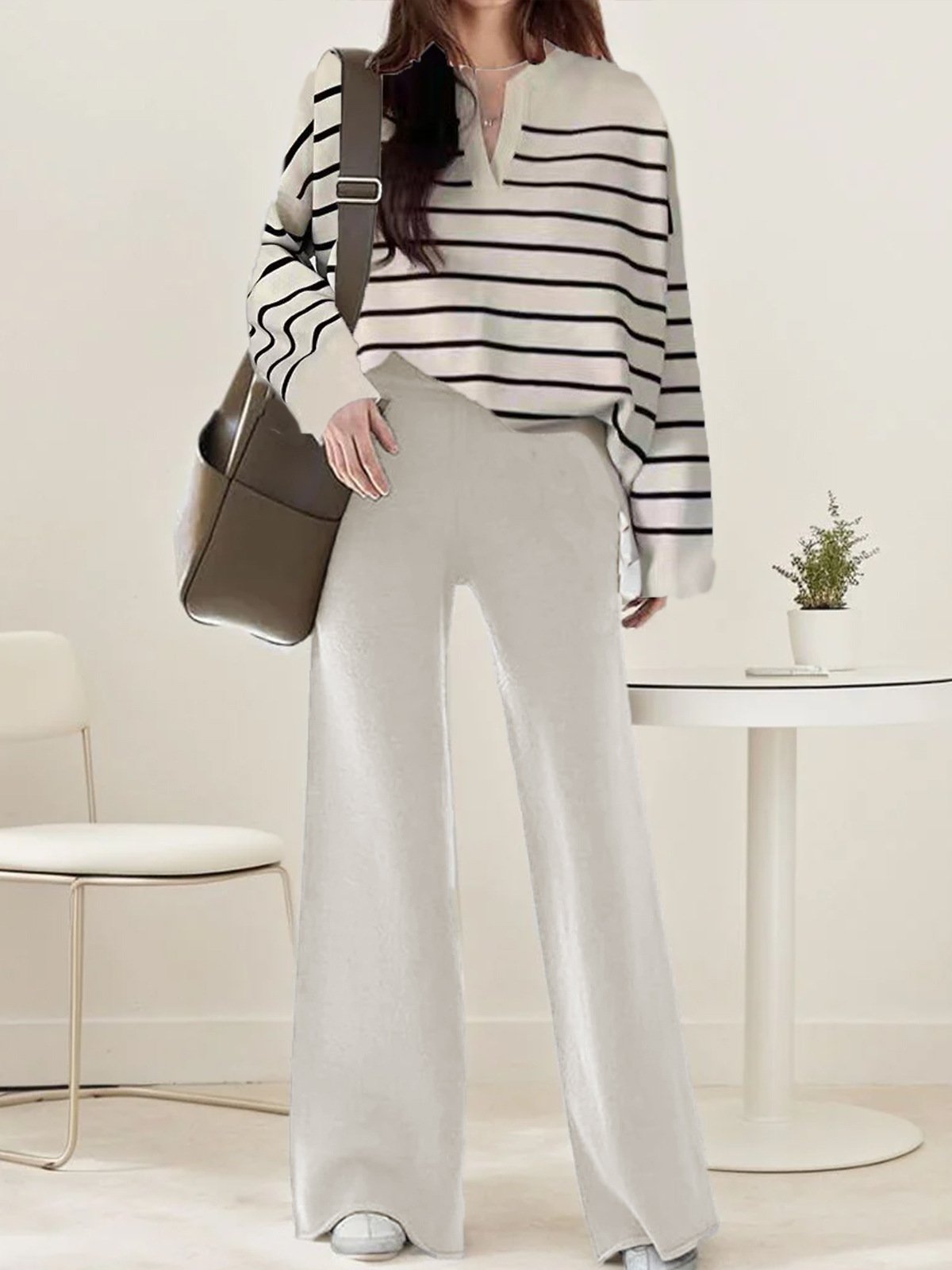 Deux Pièces Ensembles Bloc de Couleur Décontracté Printemps / Automne Naturel Quotidien Ample Manches Longues Entaillé Laine/Tricot pour Femmes