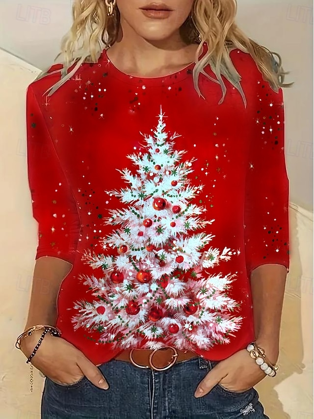 T-shirts Femmes Décontracté Printemps / Automne Sapin de Noël Vacances Ample Noël Manches Longues Régulier Droit