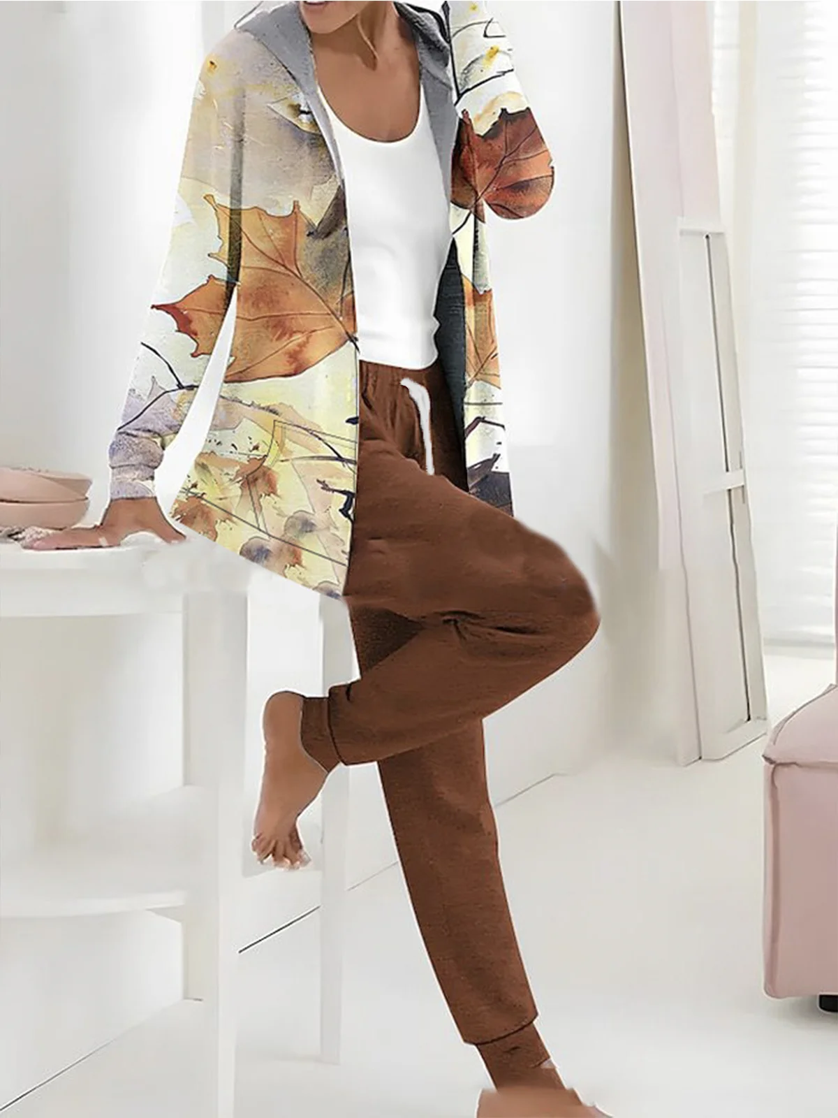 Deux Pièces Ensembles Femmes Géométrique Décontracté Printemps / Automne Sweat-shirt à Capuche Naturel Ample Jersey Manches Longues Régulier