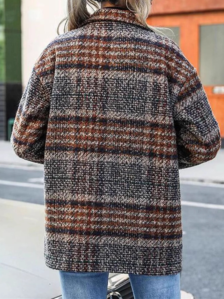 Col Châle Manches Longues Régulier Plaid Veste de tweed Manteau pour Femmes