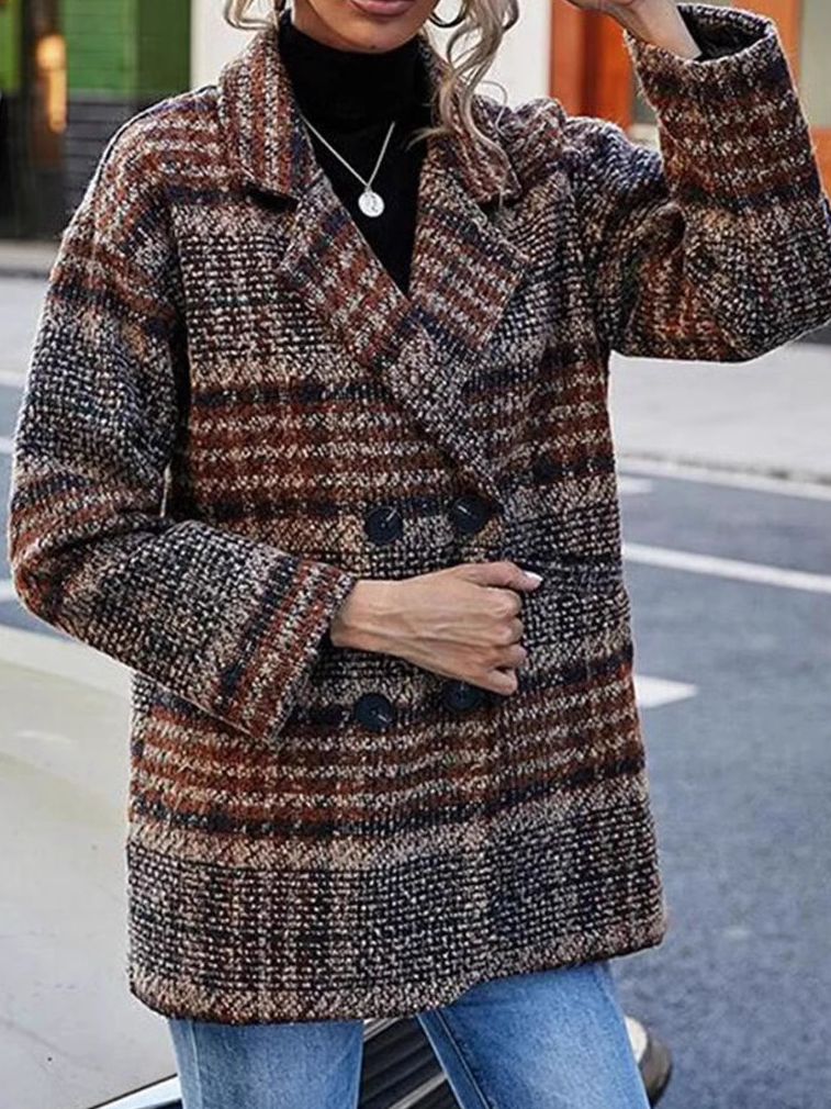 Col Châle Manches Longues Régulier Plaid Veste de tweed Manteau pour Femmes