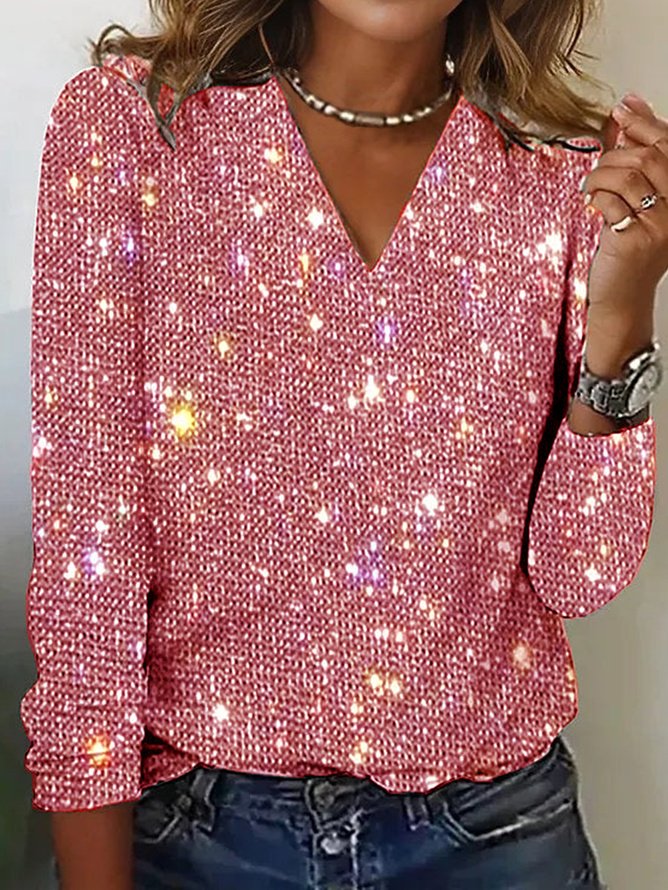 T-shirts Femmes Sexy Plain Printemps / Automne Polyester Col V Quotidien Régulier Droit Régulier