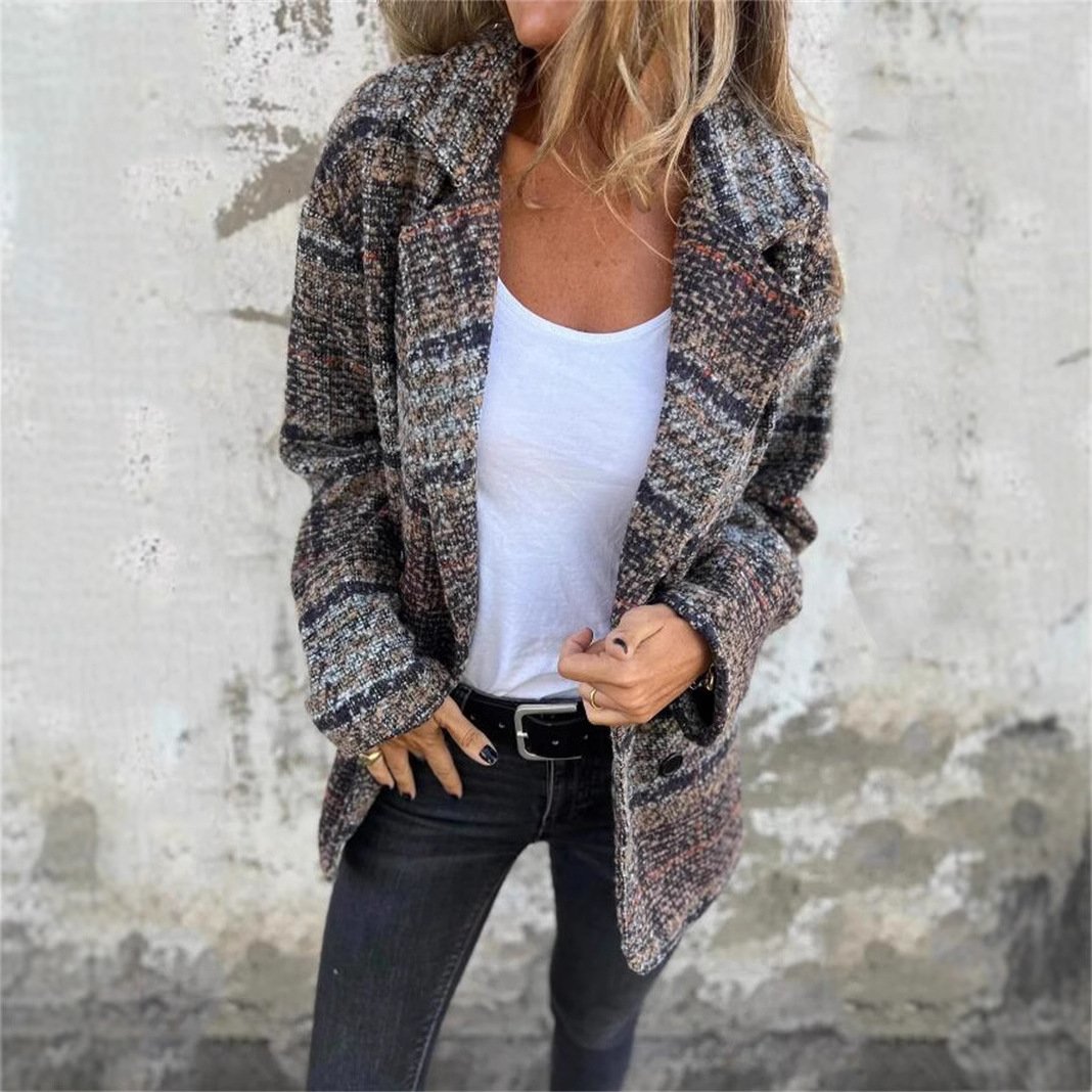 Col Châle Manches Longues Régulier Plaid Veste de tweed Manteau pour Femmes