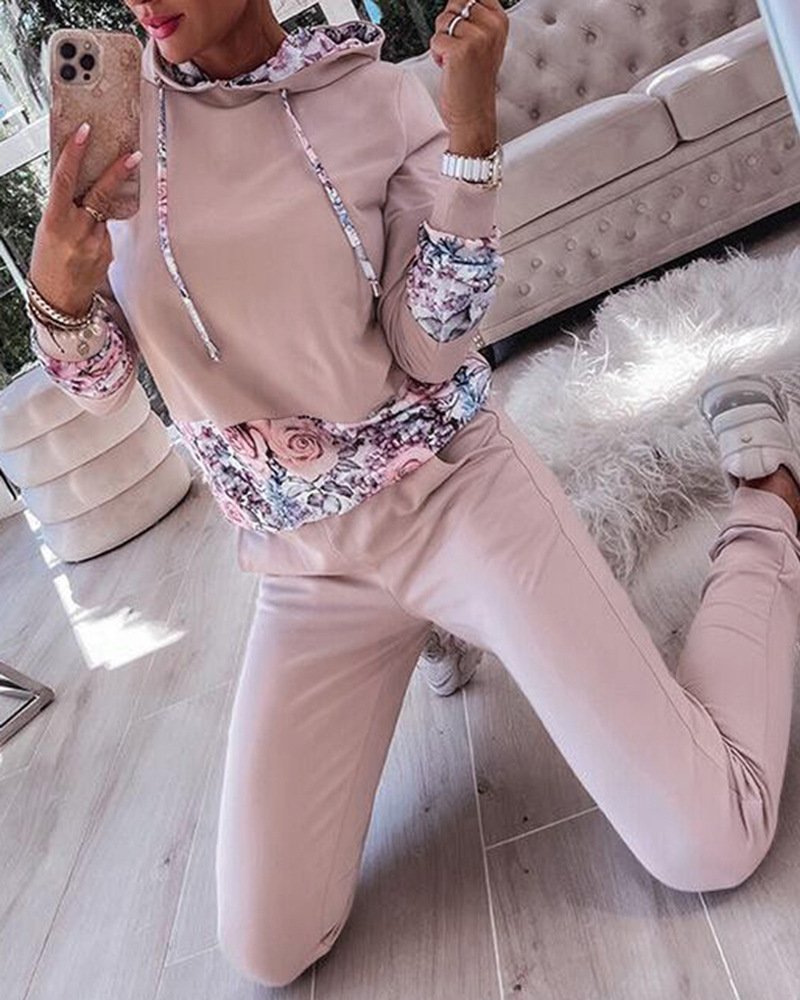 Deux Pièces Ensembles Décontracté Floral Printemps / Automne Zip Micro-élasticité Ample Jersey Droit Régulier pour Femmes