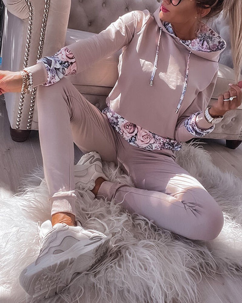 Deux Pièces Ensembles Décontracté Floral Printemps / Automne Zip Micro-élasticité Ample Jersey Droit Régulier pour Femmes