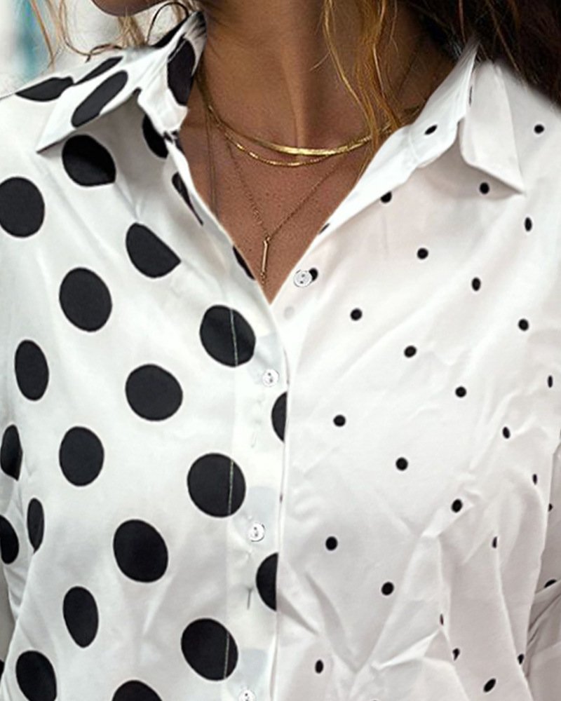 Chemises Pois Polka Décontracté Printemps / Automne Coton Aucune élasticité Ample Manches Longues Régulier Col de Chemise pour Femmes