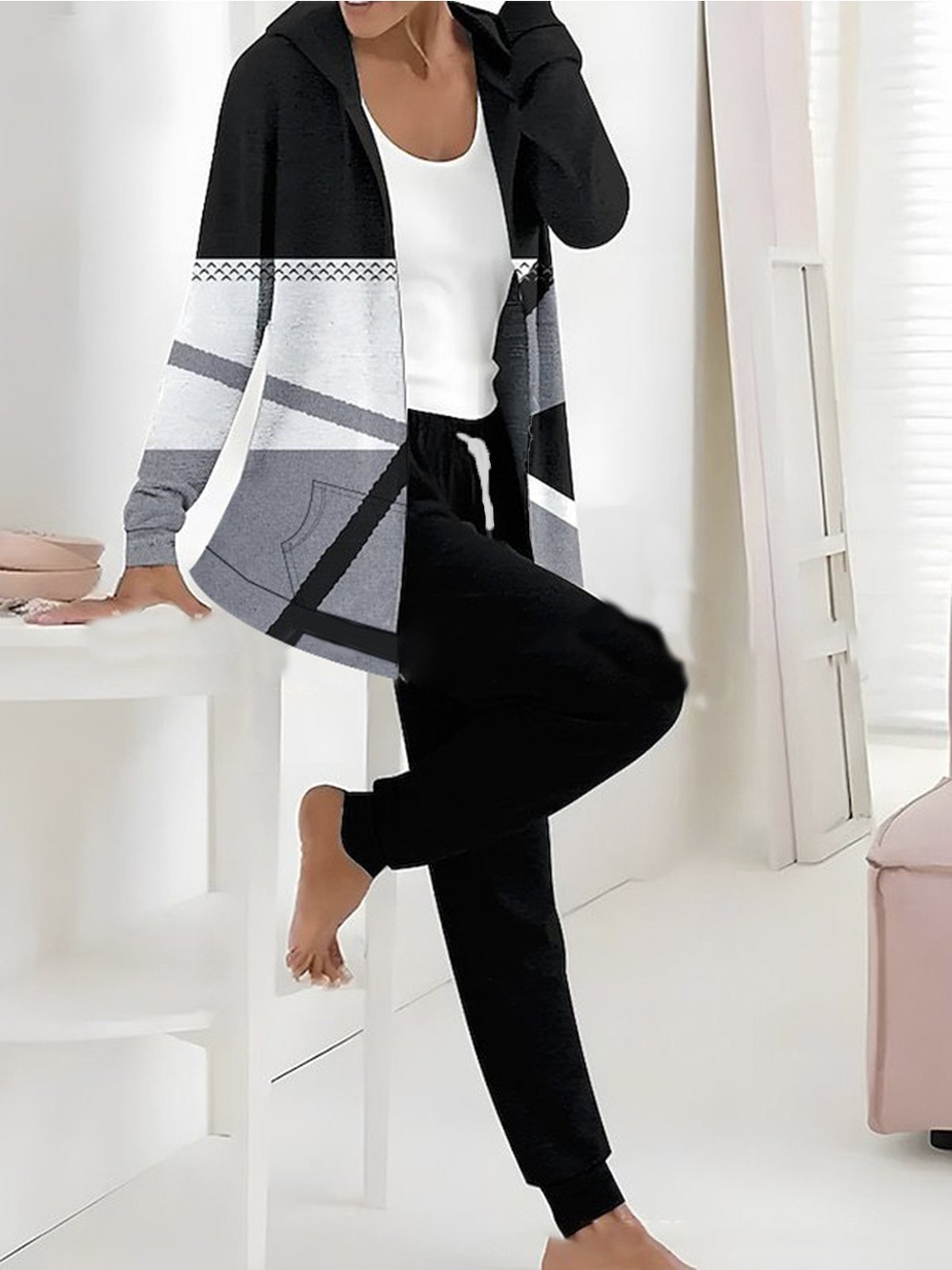 Deux Pièces Ensembles Bloc de Couleur Décontracté Printemps / Automne Sweat-shirt à Capuche Micro-élasticité Quotidien Jersey Droit Régulier pour Femmes