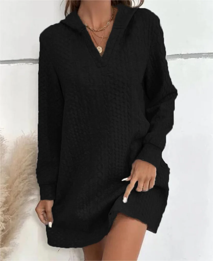 Femmes Plain Noir Sweat-shirt à Capuche Confortable Robe Mi-Longue Décontracté