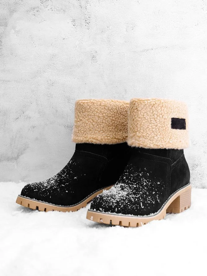 Rembourré de Coton Bottes Décontracté Plain Hiver Bottes de Neige Cuir de Vachette Talon de Bloc Bout Rond Caoutchouc à Enfiler pour Femmes