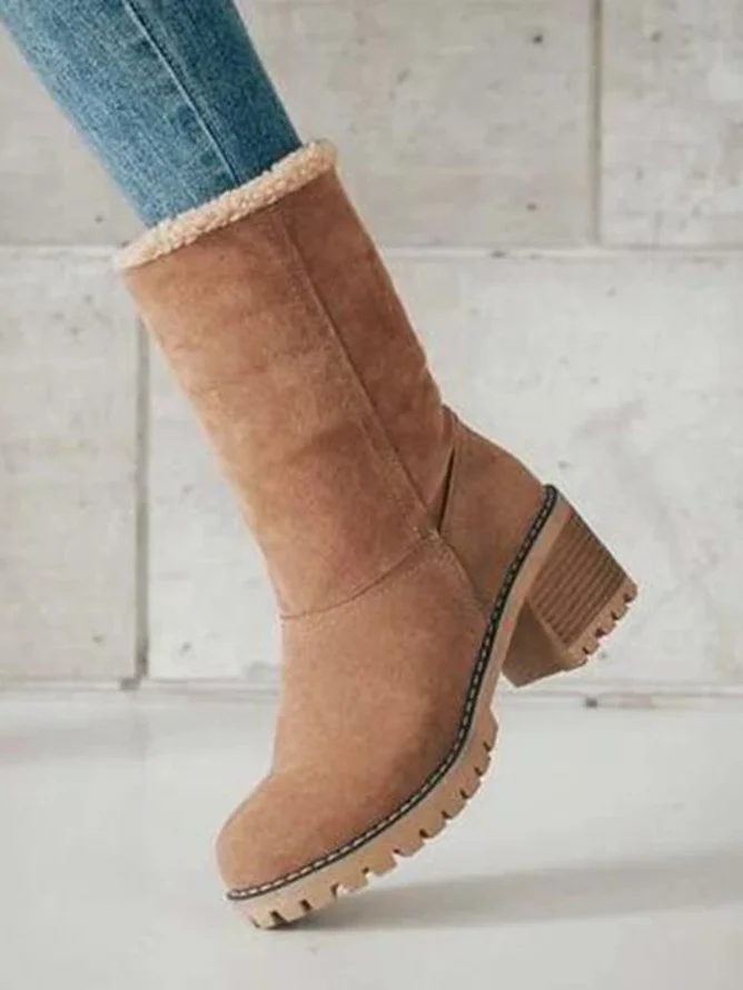 Rembourré de Coton Bottes Décontracté Plain Hiver Bottes de Neige Cuir de Vachette Talon de Bloc Bout Rond Caoutchouc à Enfiler pour Femmes