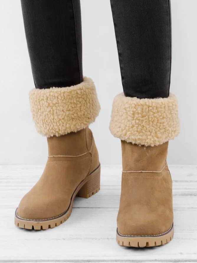 Rembourré de Coton Bottes Décontracté Plain Hiver Bottes de Neige Cuir de Vachette Talon de Bloc Bout Rond Caoutchouc à Enfiler pour Femmes