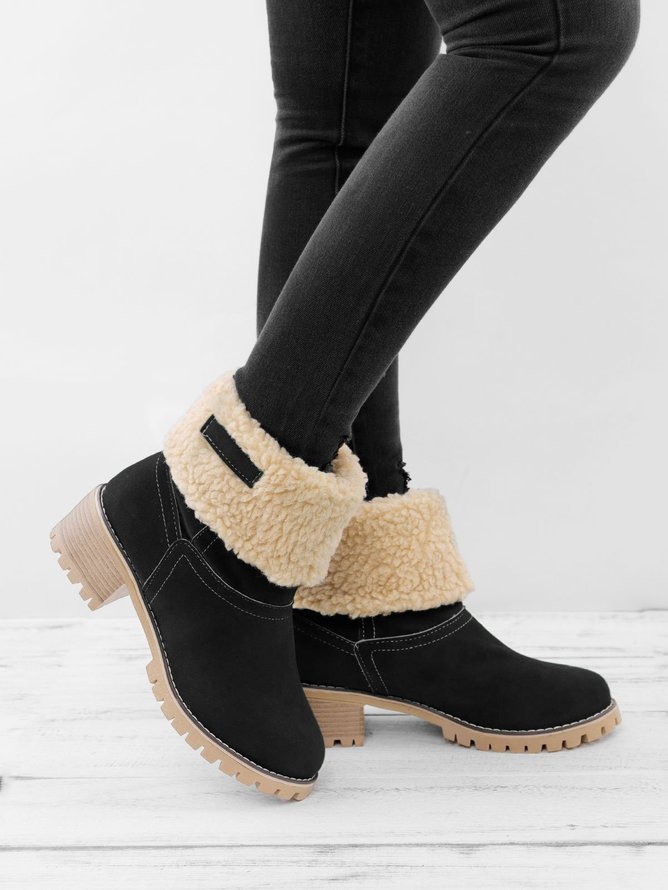 Rembourré de Coton Bottes Décontracté Plain Hiver Bottes de Neige Cuir de Vachette Talon de Bloc Bout Rond Caoutchouc à Enfiler pour Femmes