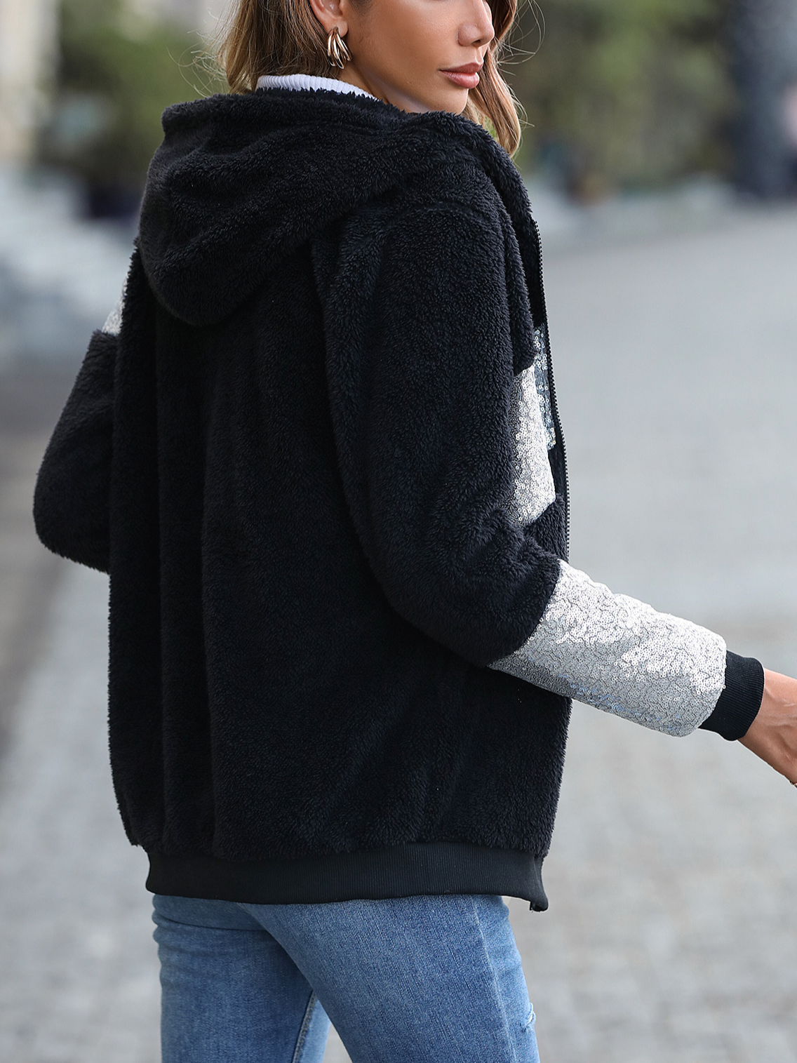 Sweat-shirt à Capuche Manches Longues Épaissi Bloc de Couleur Blouson pour Femmes