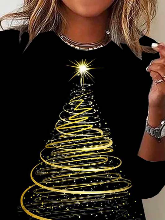 T-shirts Femmes Décontracté Printemps / Automne Sapin de Noël Polyester Micro-élasticité Quotidien Noël Col Rond Droit