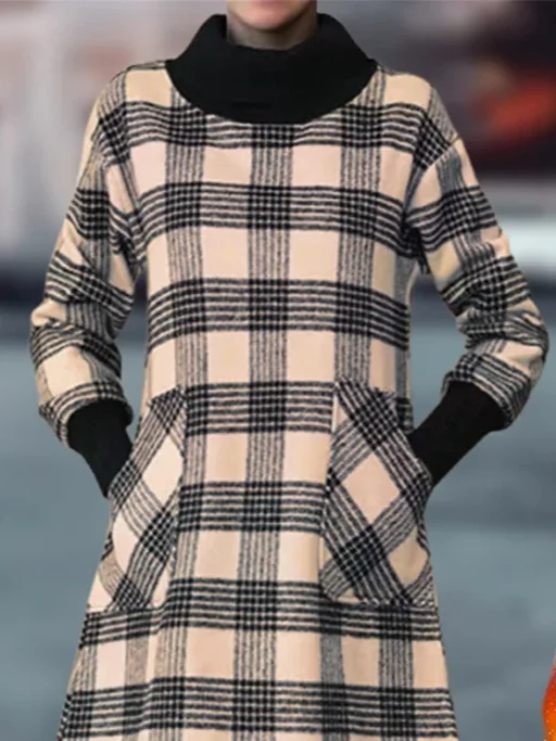 Femmes Plaid Brun Col Roulé Confortable Robe Maxi Décontracté