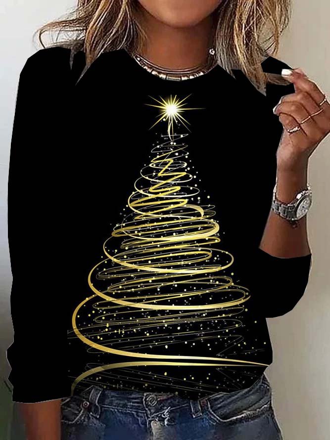 T-shirts Femmes Décontracté Printemps / Automne Sapin de Noël Polyester Micro-élasticité Quotidien Noël Col Rond Droit