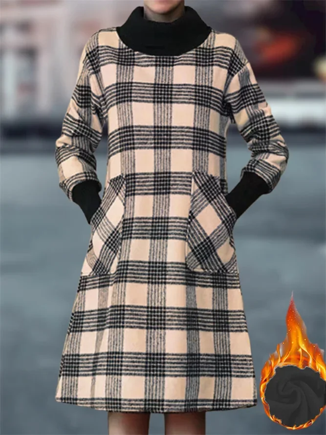 Femmes Plaid Brun Col Roulé Confortable Robe Maxi Décontracté