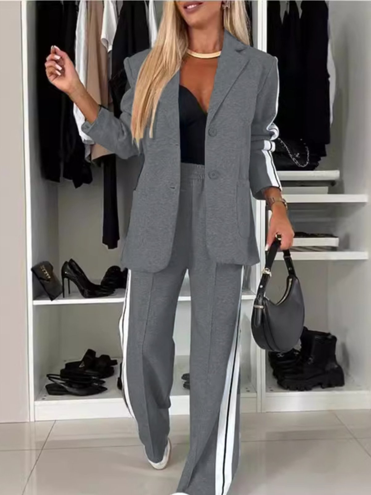 Deux Pièces Ensembles Femmes Décontracté Plain Printemps / Automne Naturel Quotidien Ample Manches Longues Col Châle Manteau avec Pantalons