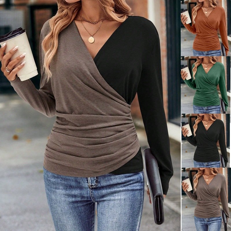 T-shirts Femmes Décontracté Plain Printemps / Automne Polyester Col V Quotidien Coupe Régulière Ligne X Élasticité moyenne