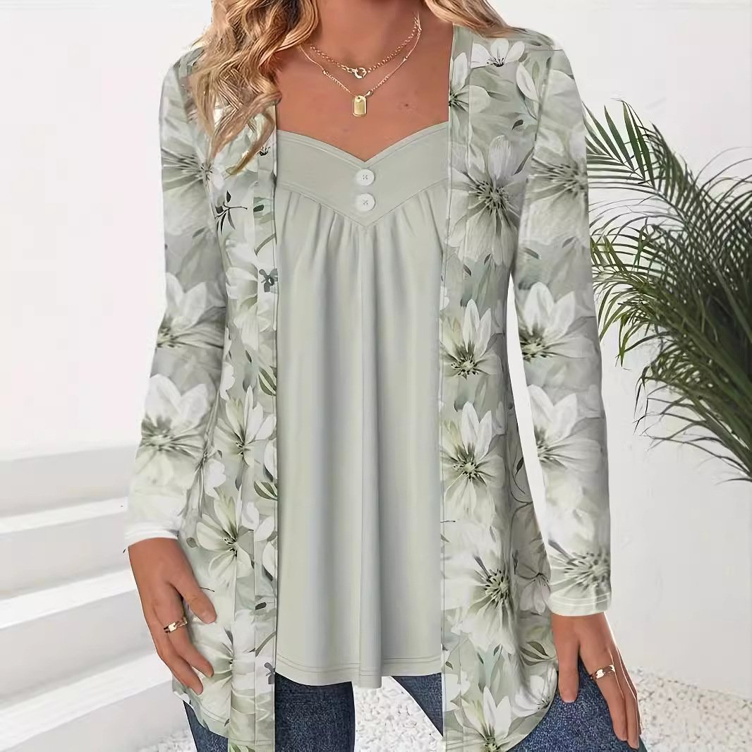 Chemisiers1 Décontracté Floral Printemps / Automne Col V Jersey Manches Longues Régulier Forage à chaud Droit pour Femmes