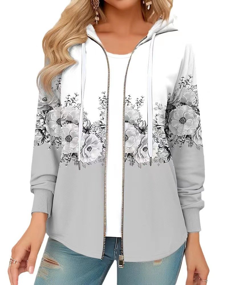 Sweat-shirt à Capuche Manches Longues Épaissi Floral Blouson pour Femmes