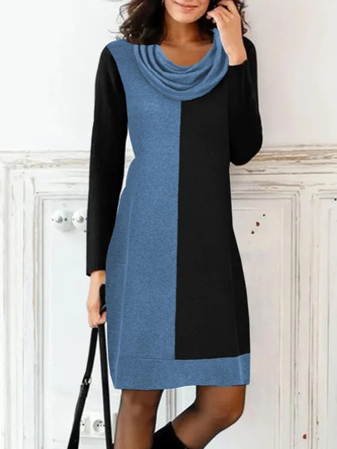 Femmes Bloc de Couleur Gris Col Roulé Confortable Mini Robe Décontracté