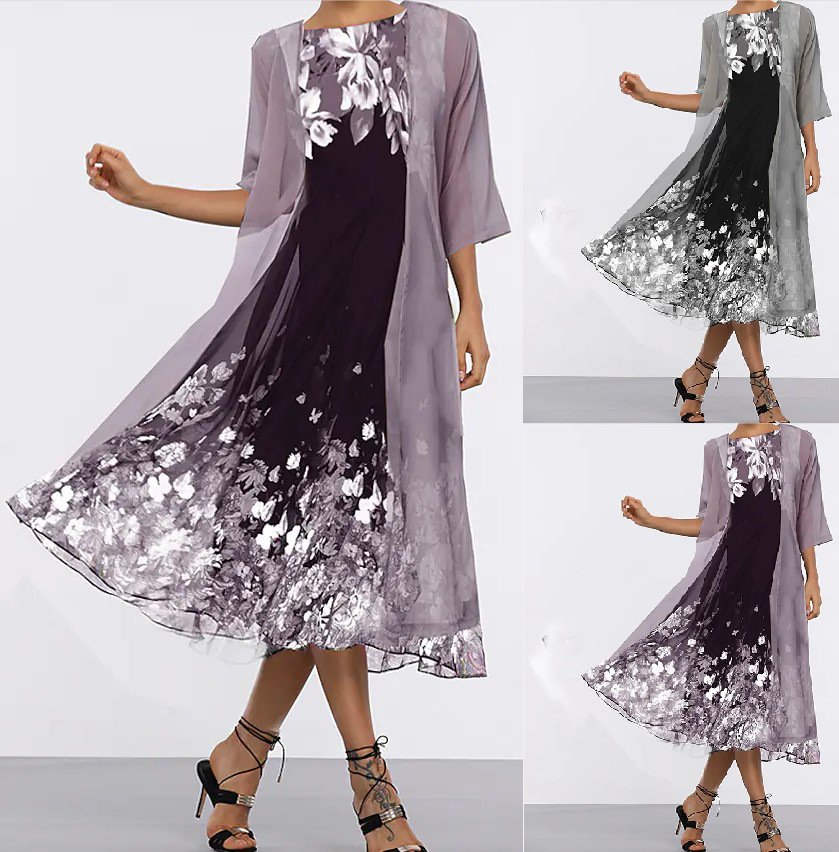 Deux Pièces Ensembles Décontracté Été impression en 3D Polyester Vacances Demi Manche Col Rond Manteau avec jupe Trapèze pour Femmes